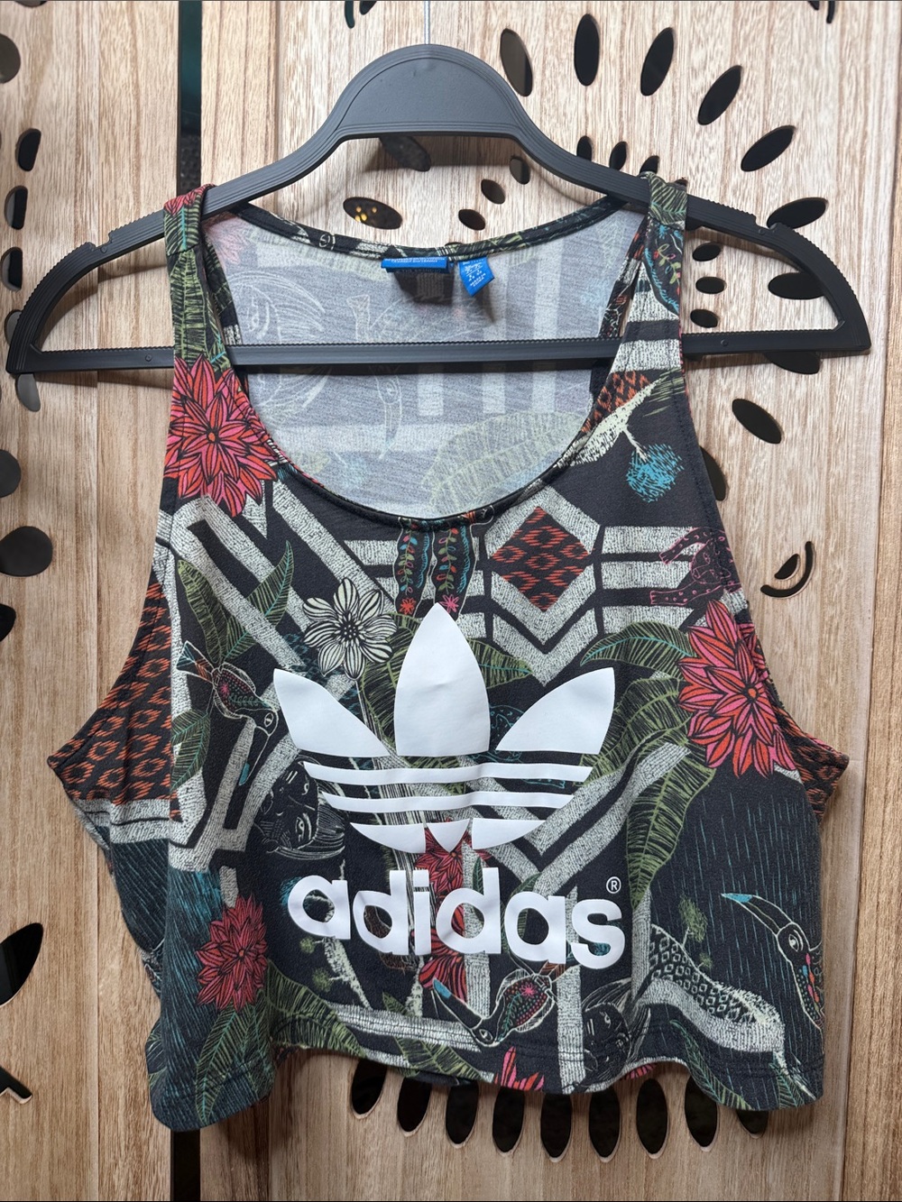 adidas Black Floral Graphic Cropped Tank with White Trefoil